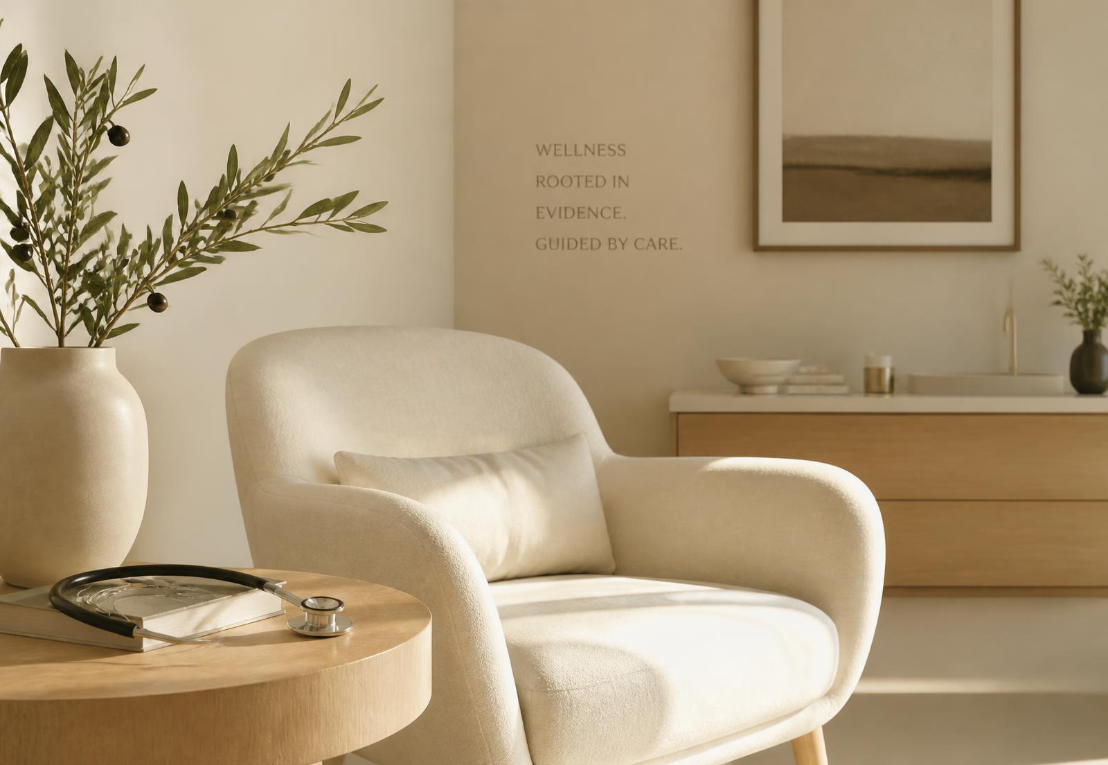 Warm, sunlit Beyond Health consultation room with linen chair, olive branches and a stethoscope