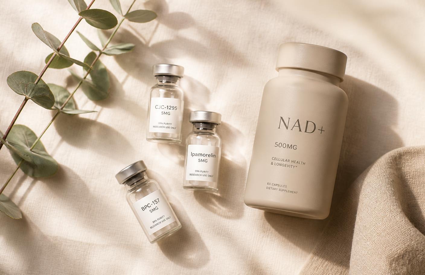 Peptide vials and a wellness supplement bottle arranged on ivory linen with eucalyptus